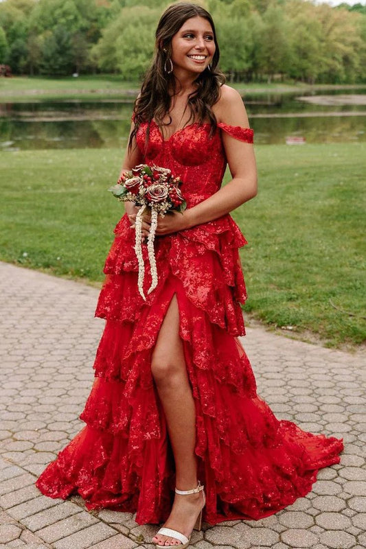 Red Prom Dress, Lace Evening Dress, Off The Shoulder Graduation Dress, Ruffle Party Dresses