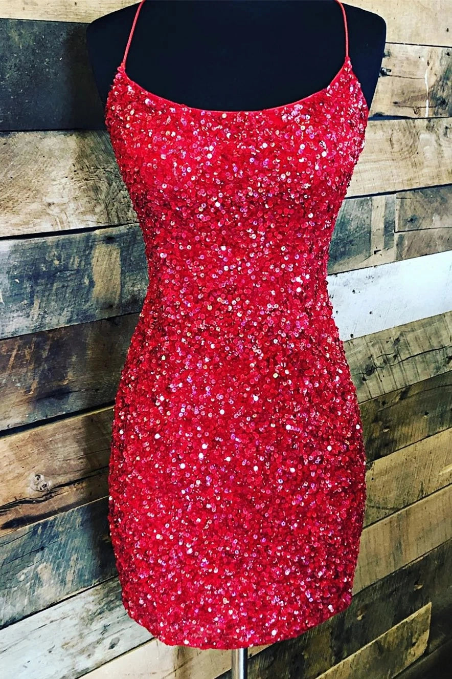 Red Sequin Tight Homecoming Dress Lace Up Back Short Party Dress, LTP3391