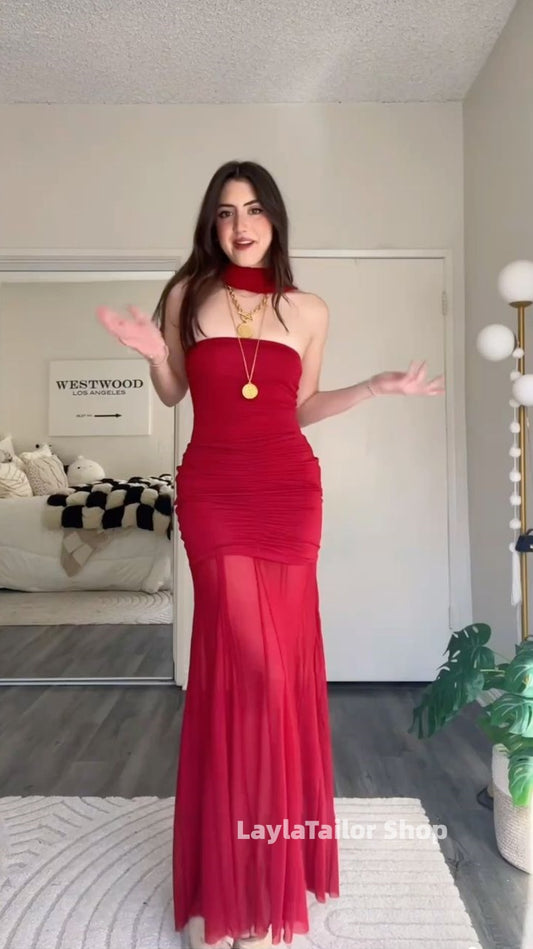 Red Strapless Mermaid Long Prom Dresses With Neck Belt,LTP4583
