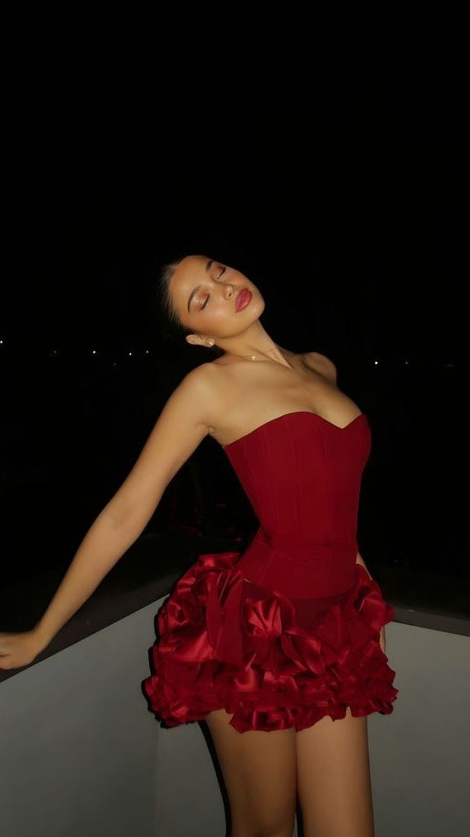 Red Strapless Two Pieces Homecoming Dresses Mini Party Dress, LTP3780