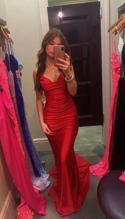 Red V-Neck Mermaid Long Prom Dresses, LTP3224