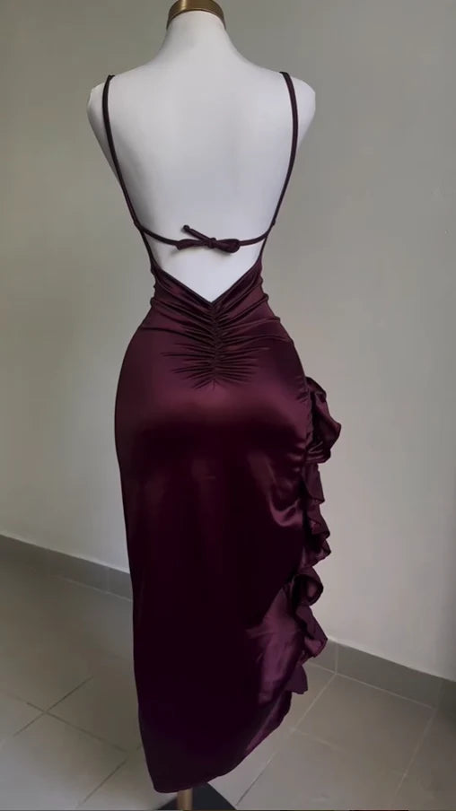 Retro Backless Dance Dresses Ruffle Asymmetrical Midi Length Party Dress,LTP4340