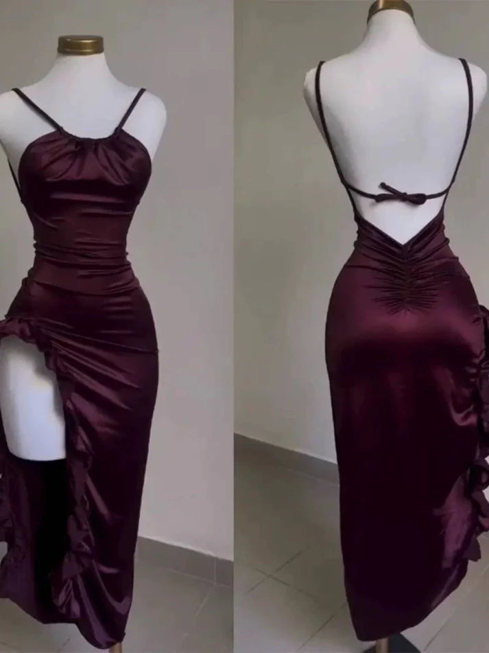 Retro Backless Dance Dresses Ruffle Asymmetrical Midi Length Party Dress,LTP4340