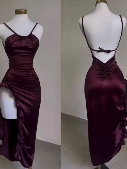 Retro Backless Dance Dresses Ruffle Asymmetrical Midi Length Party Dress,LTP4340