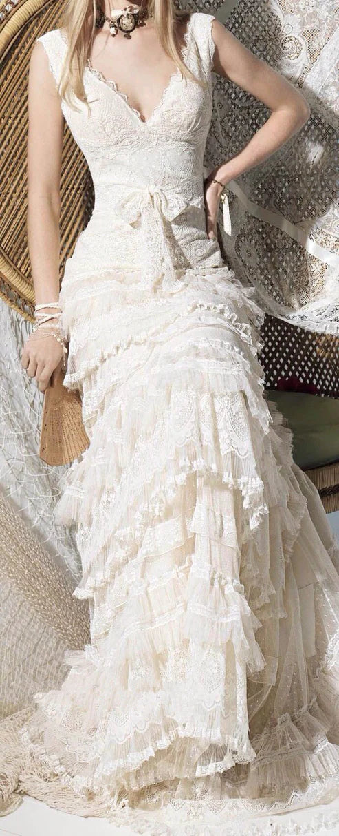 Retro Mermaid Lace Ruffle Wedding Dresses V-neck Bridal Gown,LTP4362