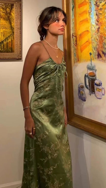 Retro Olive Green Floral Print Evening Prom Dresses Midi Dress,LTP4338