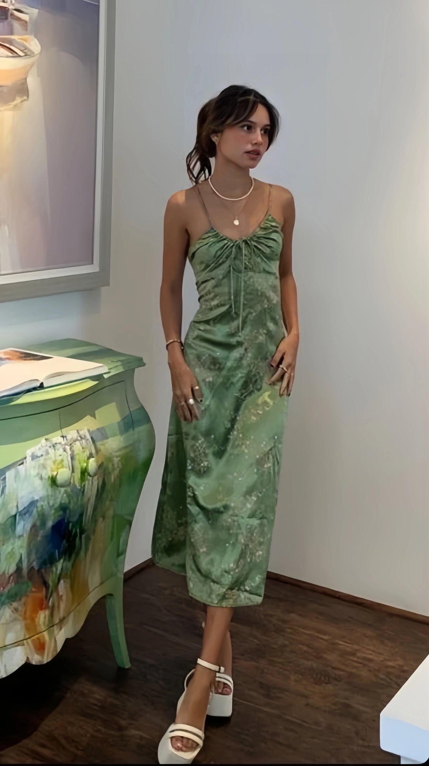 Retro Olive Green Floral Print Evening Prom Dresses Midi Dress,LTP4338
