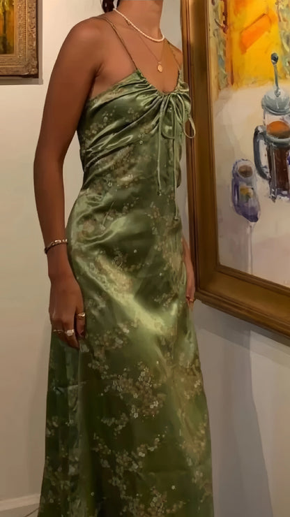 Retro Olive Green Floral Print Evening Prom Dresses Midi Dress,LTP4338