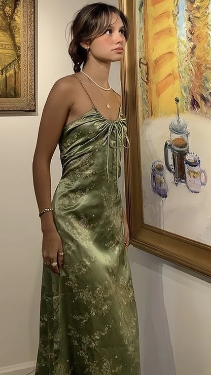 Retro Olive Green Floral Print Evening Prom Dresses Midi Dress,LTP4338