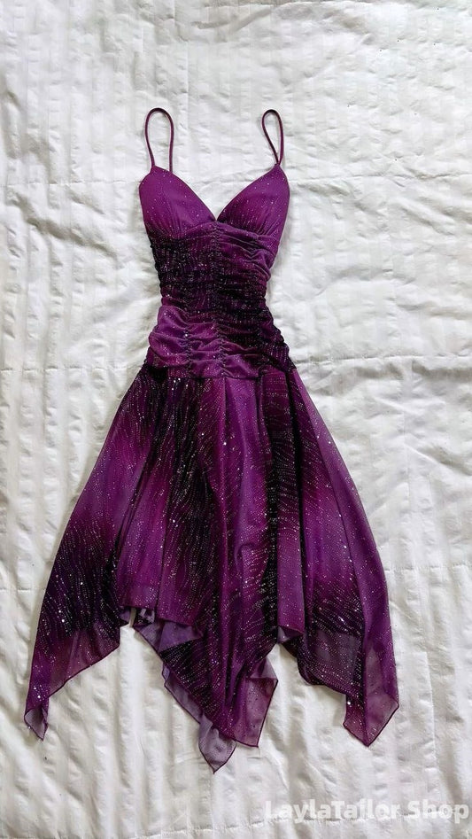 Retro Purple Irregular Chiffon Sparkle Homecoming Dresses