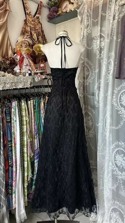 Retro Style Party Dresses Halter 2000's Lace Black Prom Dress Full Length Formal Gown,LTP4413