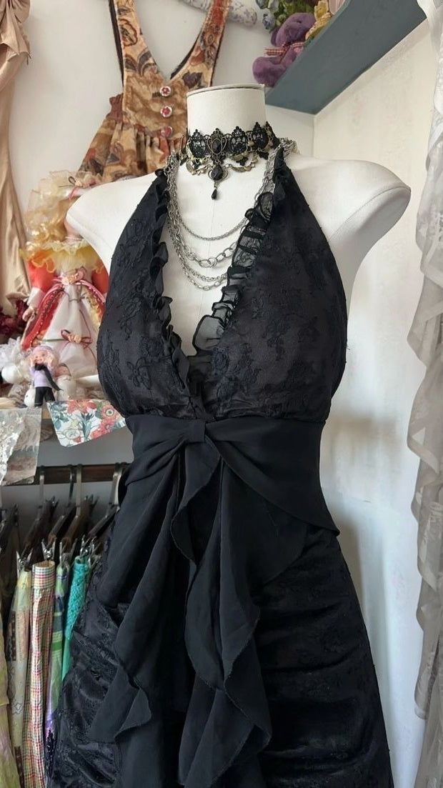 Retro Style Party Dresses Halter 2000's Lace Black Prom Dress Full Length Formal Gown,LTP4413