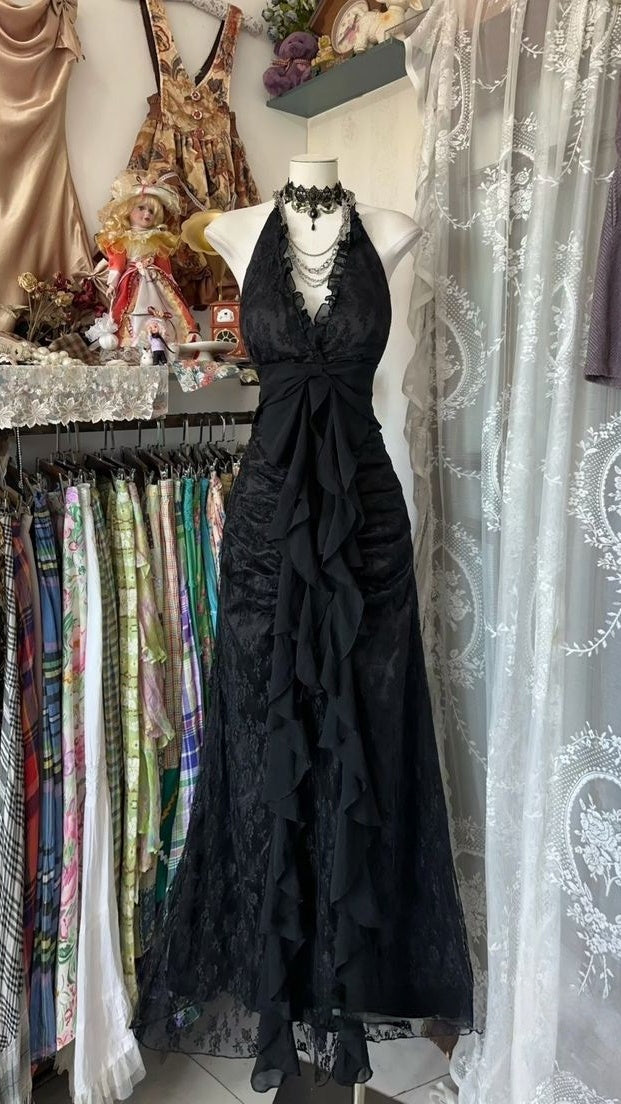 Retro Style Party Dresses Halter 2000's Lace Black Prom Dress Full Length Formal Gown,LTP4413