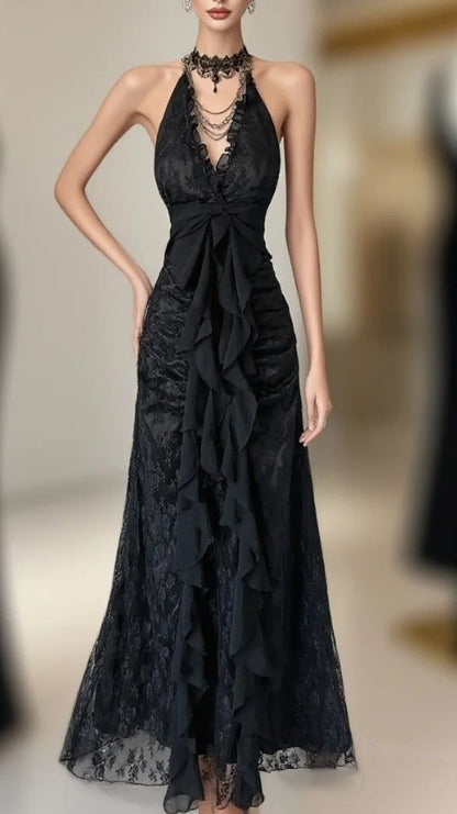 Retro Style Party Dresses Halter 2000's Lace Black Prom Dress Full Length Formal Gown,LTP4413