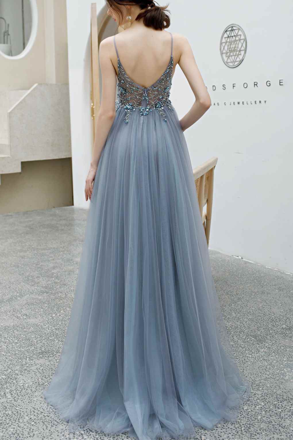 Rhinestons Blue A-line Tulle Formal Dress