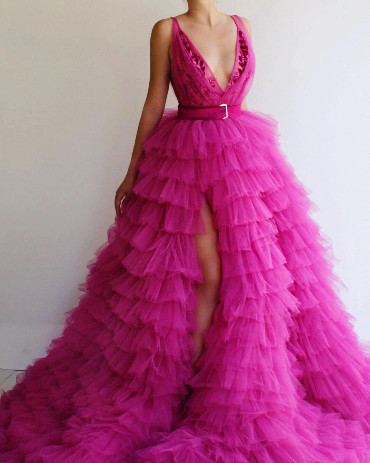 LTP1746,Hot Pink Tulle Layers Prom Dress, V-Neck A Line Evening Dress, Long School Dance Dress