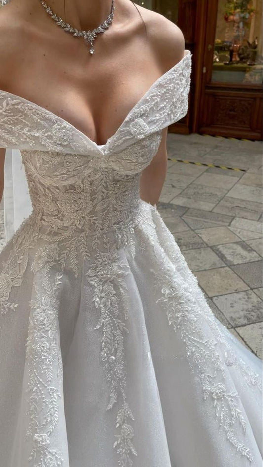 Romantic White Appliques Wedding Gown A-line Off Shoulder Bridal Dress,LTP4243
