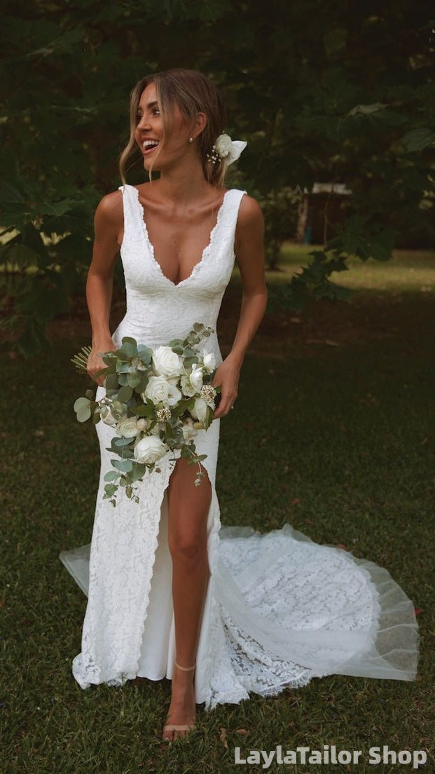 Romantic White Lace Mermaid Wedding Gown V-Neck Beach Bridal Dress With Slit,LTP82791