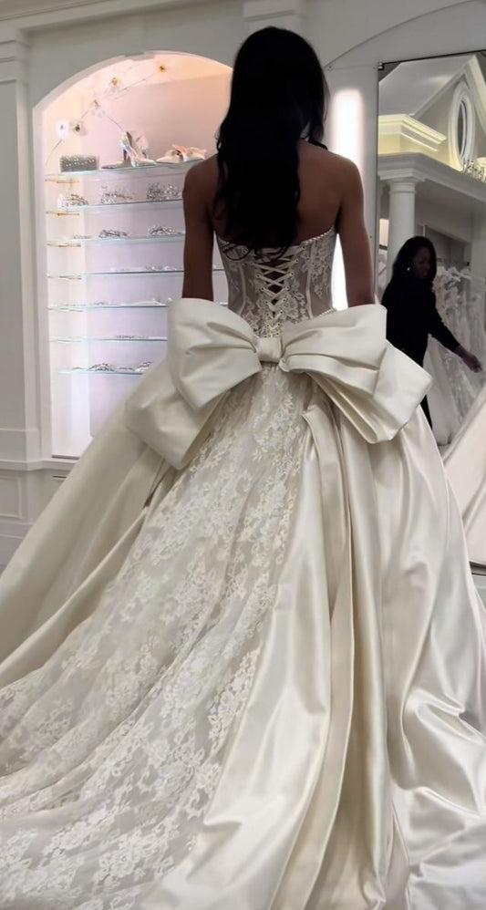 Romantic White Lace Satin Bridal Dress Strapless Wedding Gown With Bowknot,LTP4197