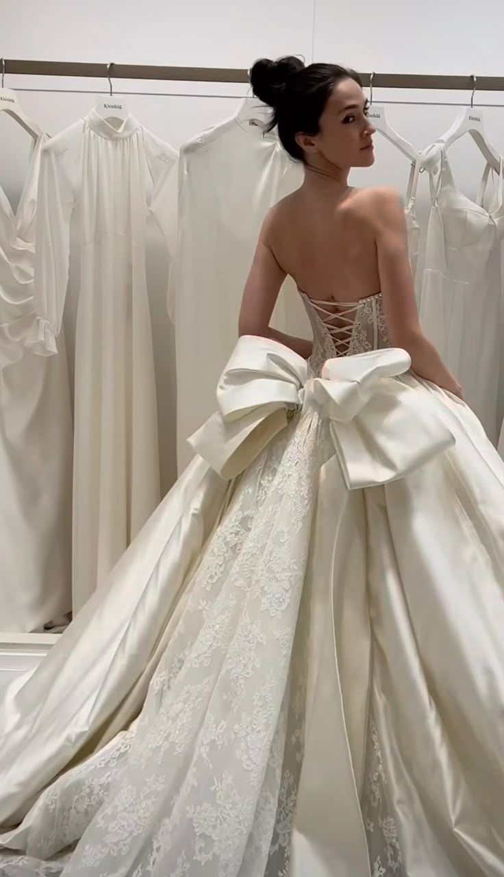 Romantic White Lace Satin Bridal Dress Strapless Wedding Gown With Bowknot,LTP4197
