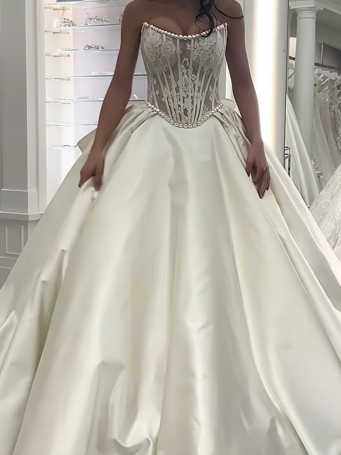 Romantic White Lace Satin Bridal Dress Strapless Wedding Gown With Bowknot,LTP4197