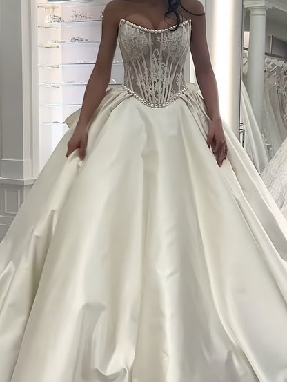 Romantic White Lace Satin Bridal Dress Strapless Wedding Gown With Bowknot,LTP4197