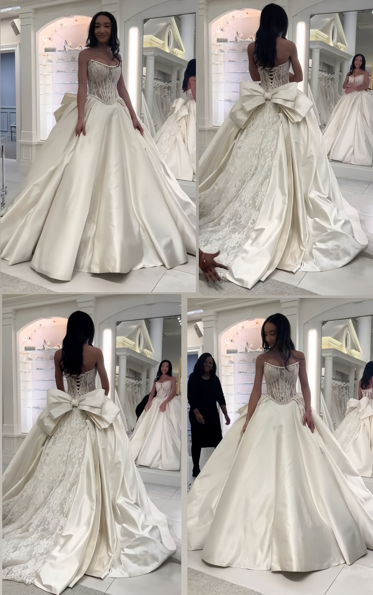 Romantic White Lace Satin Bridal Dress Strapless Wedding Gown With Bowknot,LTP4197