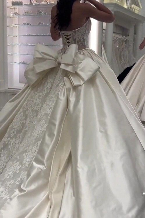 Romantic White Lace Satin Bridal Dress Strapless Wedding Gown With Bowknot,LTP4197