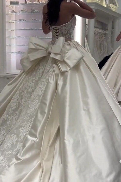 Romantic White Lace Satin Bridal Dress Strapless Wedding Gown With Bowknot,LTP4197