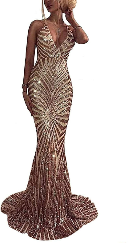 Discount Rose Gold Sequin Mermaid Prom Dresses 2024