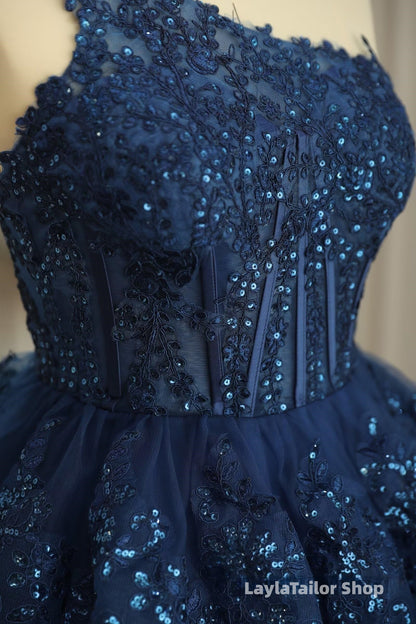Dark Navy One Shoulder Appliques Multi-Layers Tulle Homecoming Dress