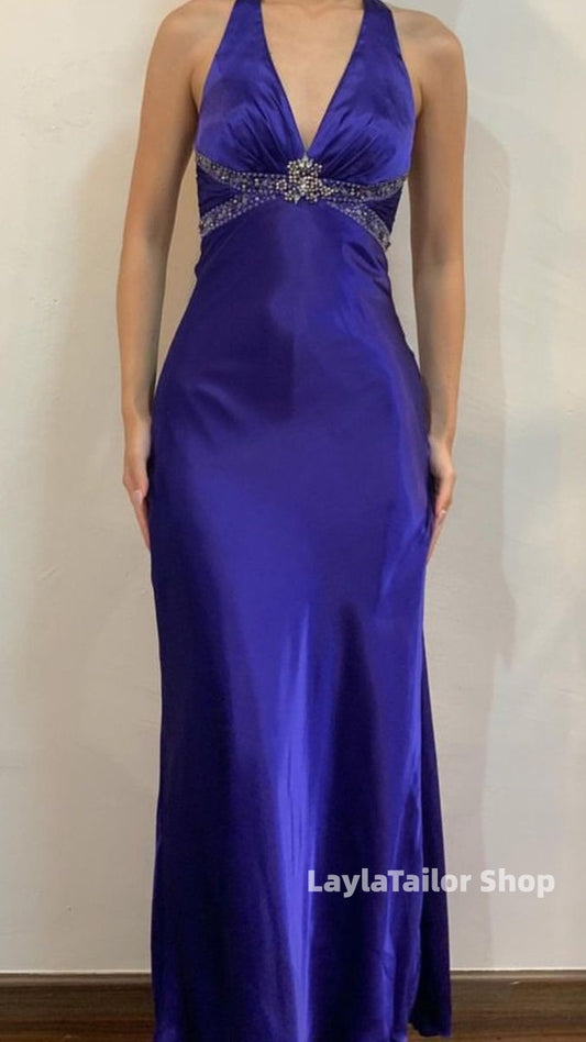 Royal Blue Halter Beaded Sheath Prom Dresses Senior Party Dress,LTP4564