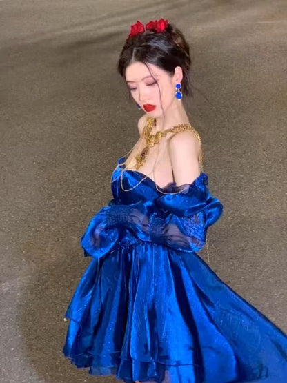 Royal Blue Organza High Low Party Dresses Long Sleeves Homecoming Dress,LTP3928