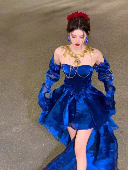 Royal Blue Organza High Low Party Dresses Long Sleeves Homecoming Dress,LTP3928