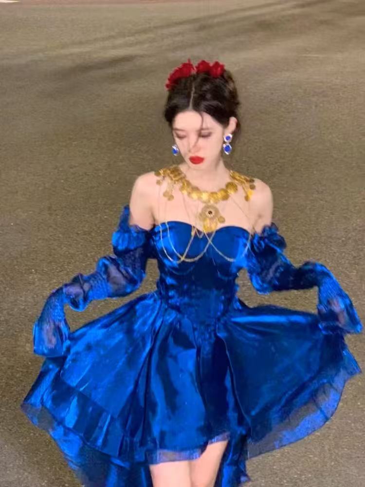 Royal Blue Organza High Low Party Dresses Long Sleeves Homecoming Dress,LTP3928