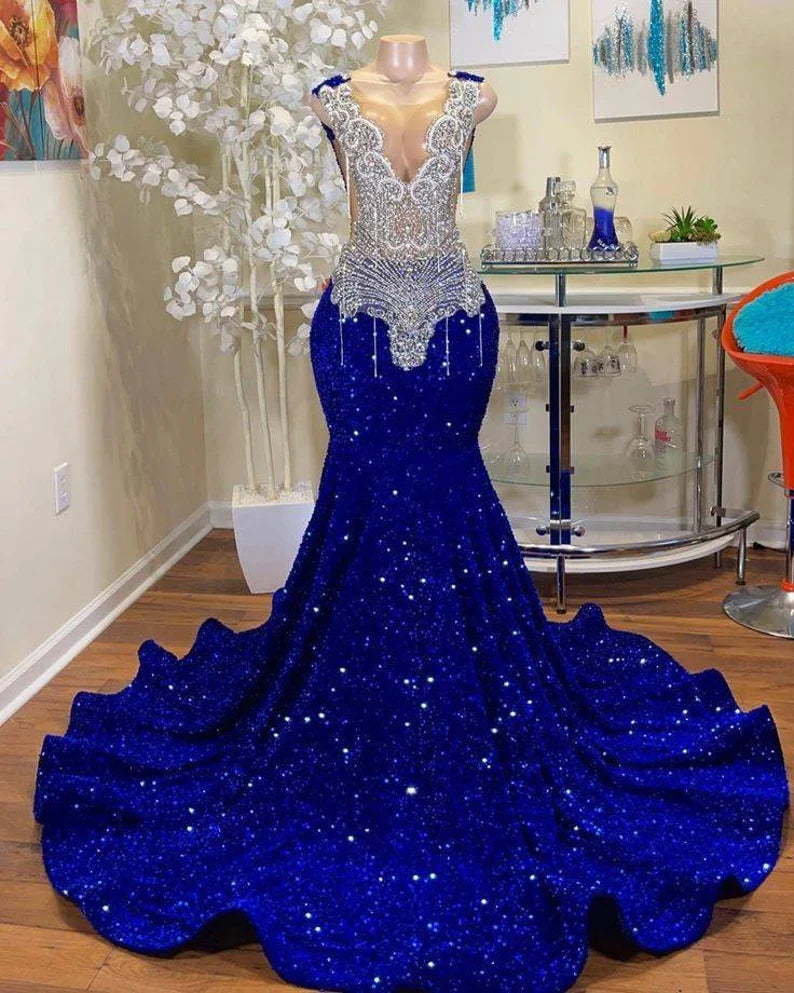 Royal Blue Sequin Mermaid Prom Dresses Beaded Sleeveless Party Dress For Black Girls,LTP4211