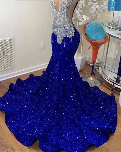 Royal Blue Sequin Mermaid Prom Dresses Beaded Sleeveless Party Dress For Black Girls,LTP4211