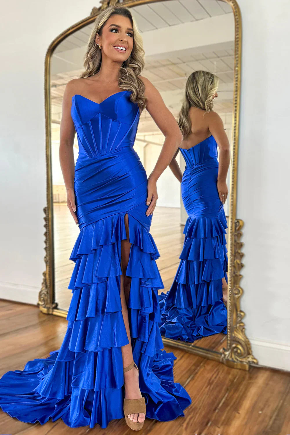 Royal Blue Strapless Satin Prom Dress with Long Ruffle Skirt and Side ...