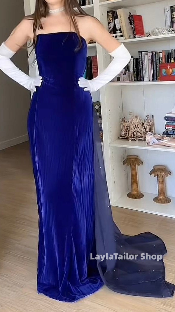 Royal Blue Velvet Strapless Prom Dresses Sparkly Evening Party Dress,LTP4540