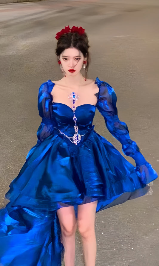 Royal Blue Organza High Low Party Dresses Long Sleeves Homecoming Dress,LTP3928