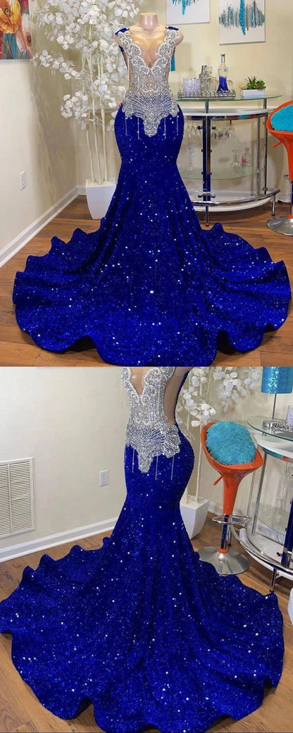 Royal Blue Sequin Mermaid Prom Dresses Beaded Sleeveless Party Dress For Black Girls,LTP4211