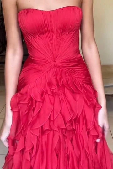 Ruffles Strapless A-Line Empire-Waist Tulle Long Formal Prom Dress,LTP4460