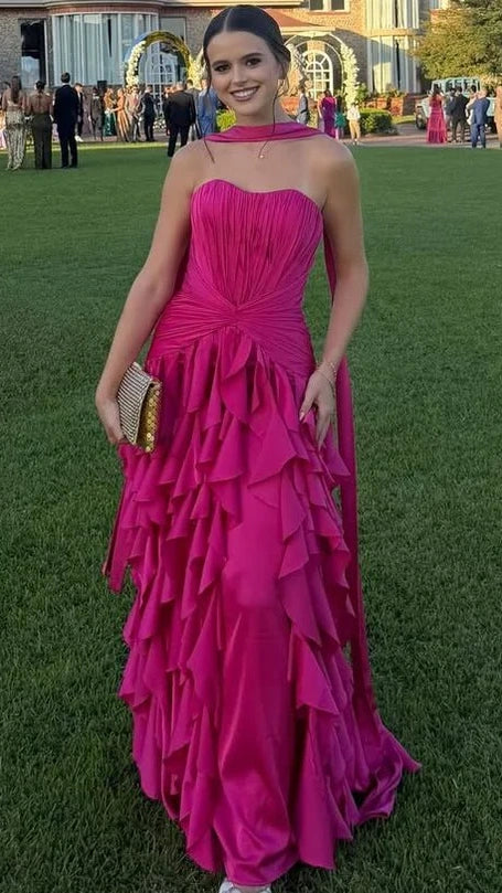 Ruffles Strapless A-Line Empire-Waist Tulle Long Formal Prom Dress,LTP4460