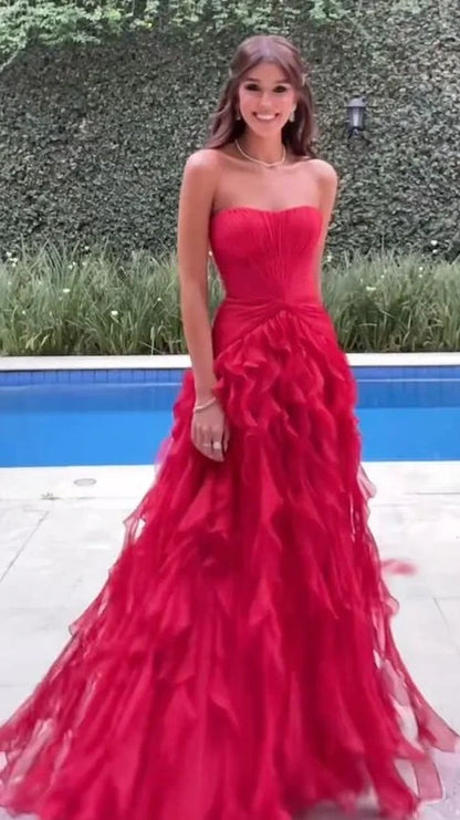 Ruffles Strapless A-Line Empire-Waist Tulle Long Formal Prom Dress,LTP4460