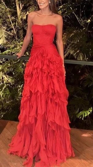 Ruffles Strapless A-Line Empire-Waist Tulle Long Formal Prom Dress,LTP4460