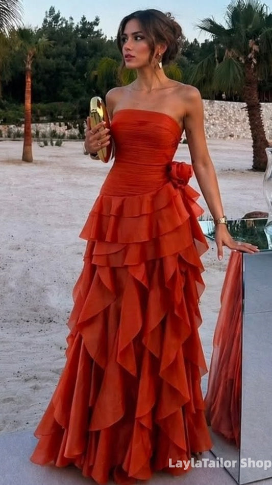 Rusted Red Strapless Prom Dresses Ruffles Formal Party Dress