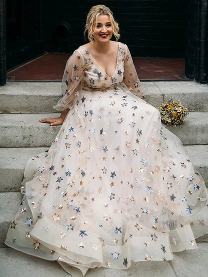 Starry Tulle A-Line Plus Size Prom Dresses With Stitch Hem