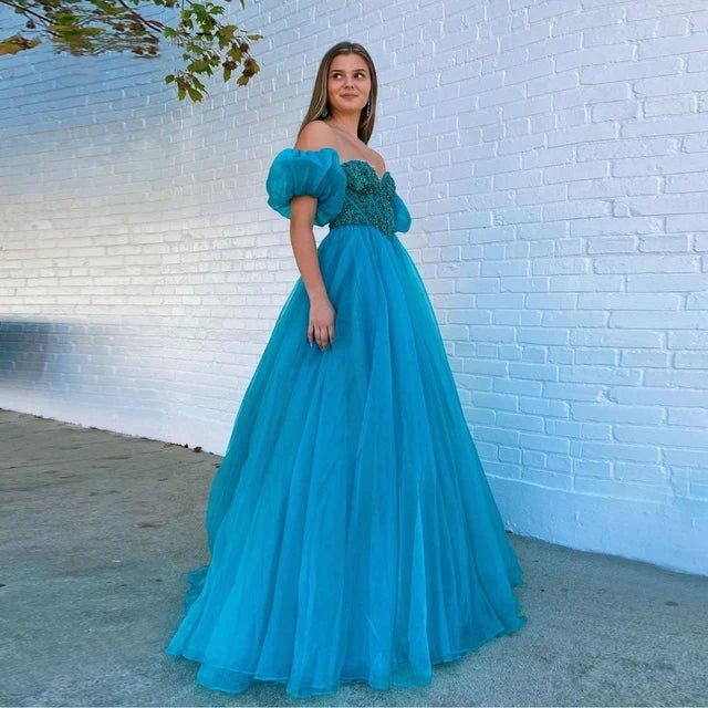 A-Line Organza Beaded Long Prom Dress Evening Formal Gown