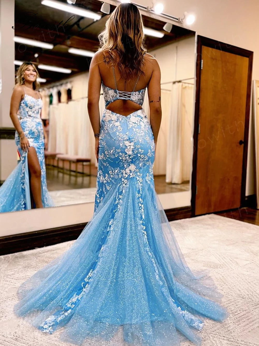 Sky Blue Mermaid White Appliques Long Evening Dresses