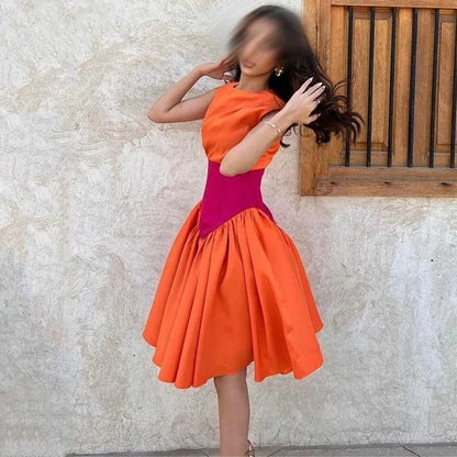 A-Line Splicing Color Orange Hot Pink Satin Homecoming Dresses